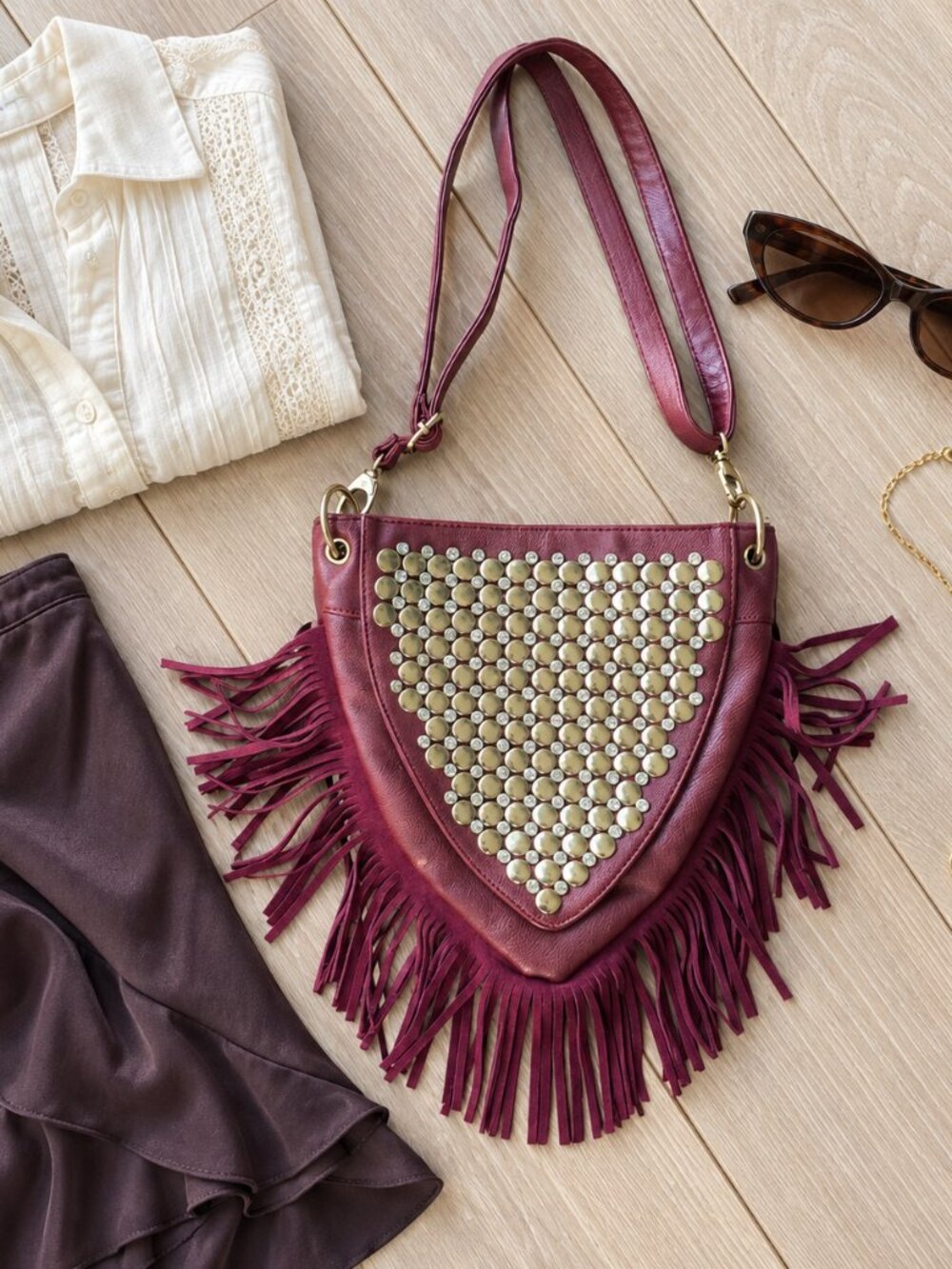 ✨ Unbranded Burgundy Studded Triangle Fringe Crossbody Shoulder Bag✨